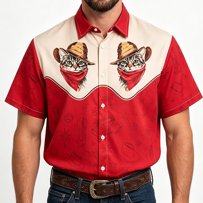 Chemise homme vintage imprimée cactus et chat sur le thème western - Rouge - 5XL - image 1