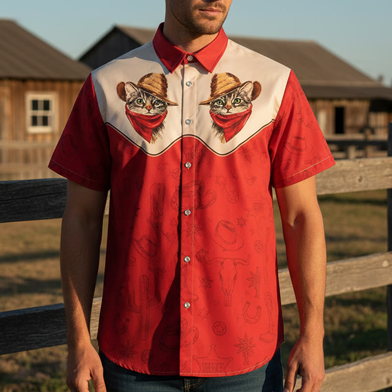 Chemise homme vintage imprimée cactus et chat sur le thème western - image 0