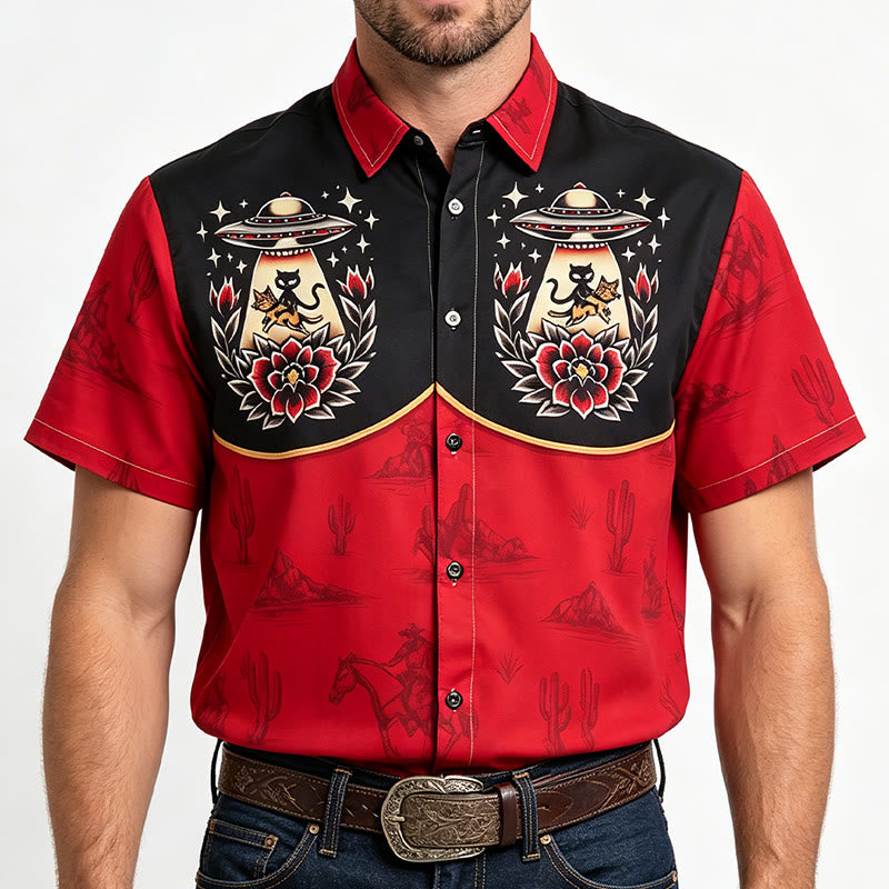 Chemise imprimée western originale et décalée pour homme, avec un chat extraterrestre. - Rouge et noir - 5XL - image 1
