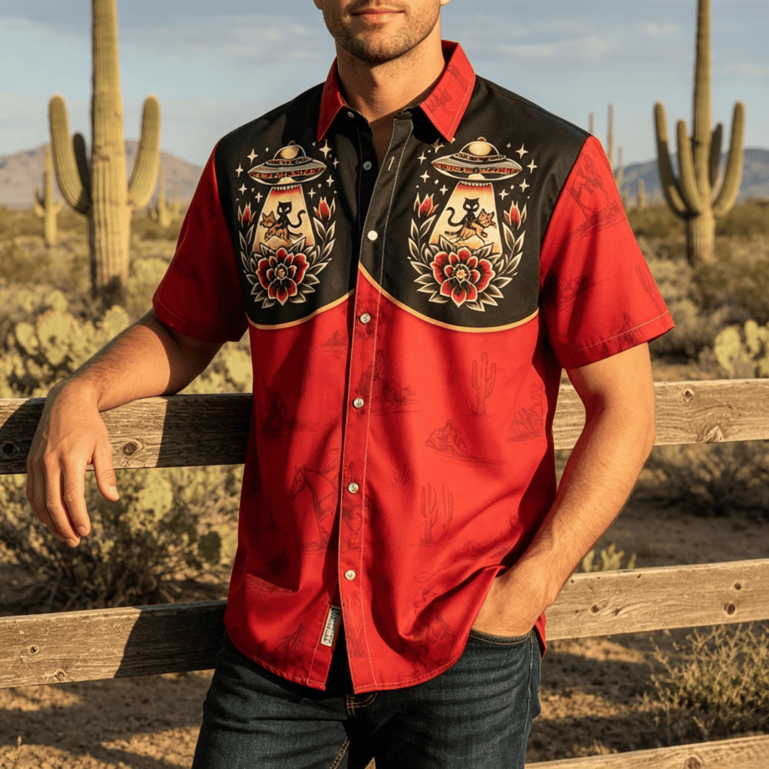 Chemise imprimée western originale et décalée pour homme, avec un chat extraterrestre. - image 0