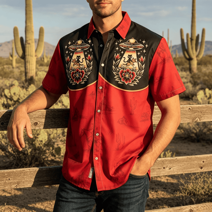Chemise imprimée western originale et décalée pour homme, avec un chat extraterrestre. - image 0