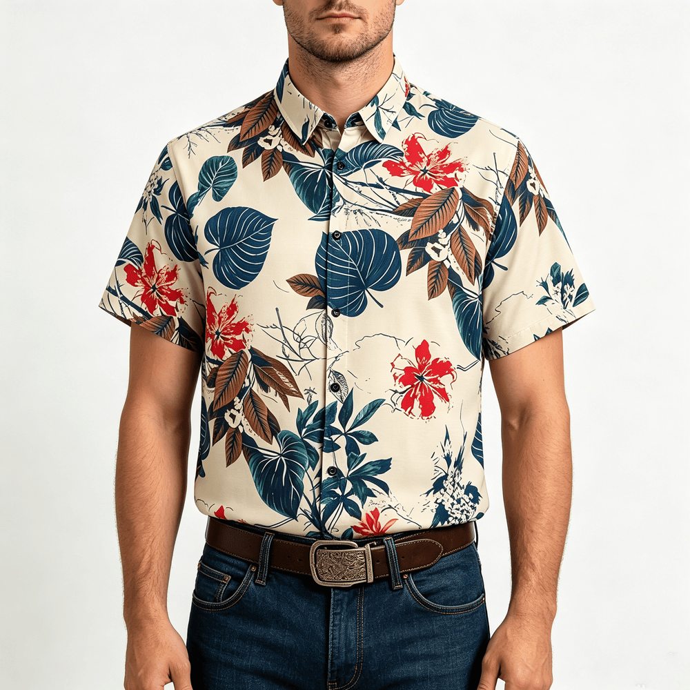 Chemise crème pour homme à imprimé botanique tropical - image 1