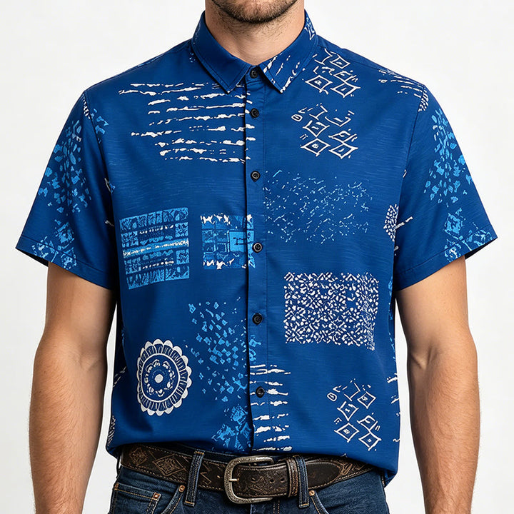 Chemise homme bleu marine à imprimé patchwork inspiré du batik - Bleu marine - 5XL - image 1