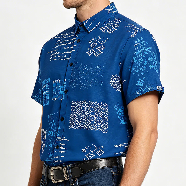 Chemise homme bleu marine à imprimé patchwork inspiré du batik - image 2