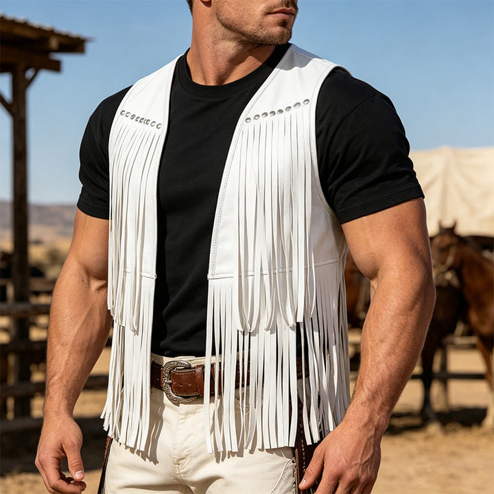 Gilet homme hippie à franges en faux daim clouté - Blanc - 2XL - image 5
