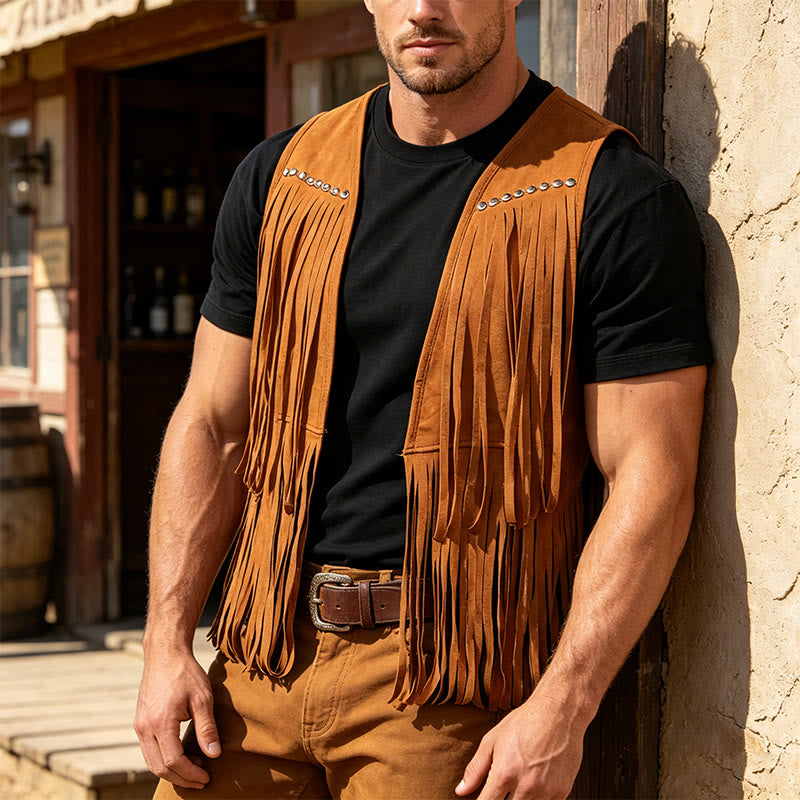 Gilet homme hippie à franges en faux daim clouté - Kaki foncé - 2XL - image 0