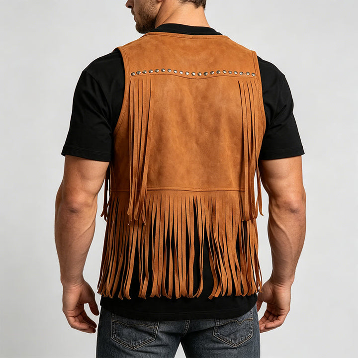 Gilet homme hippie à franges en faux daim clouté - image 3