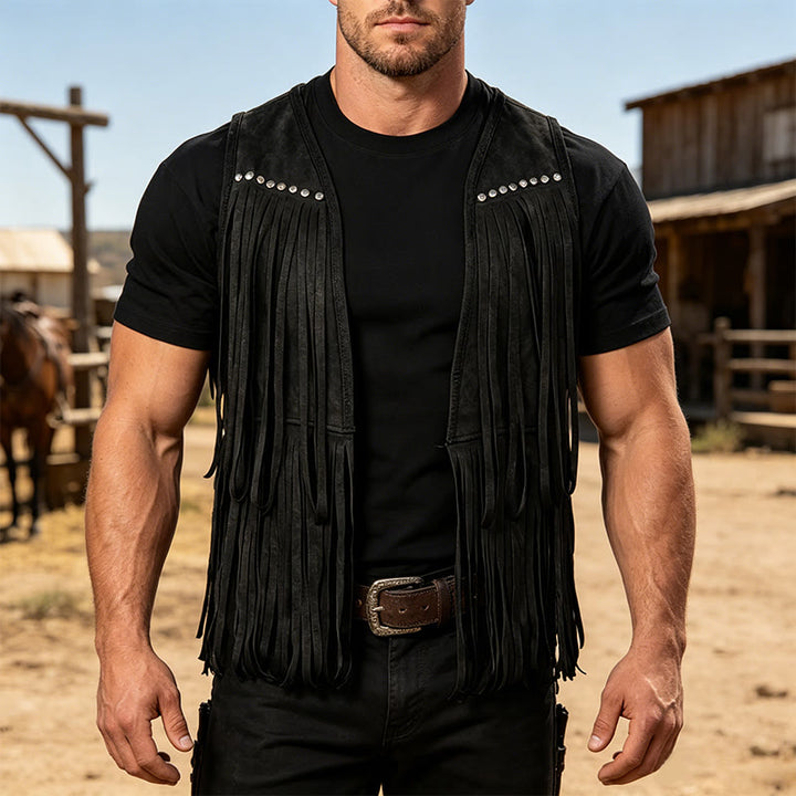 Gilet homme hippie à franges en faux daim clouté - Noir - 2XL - image 4