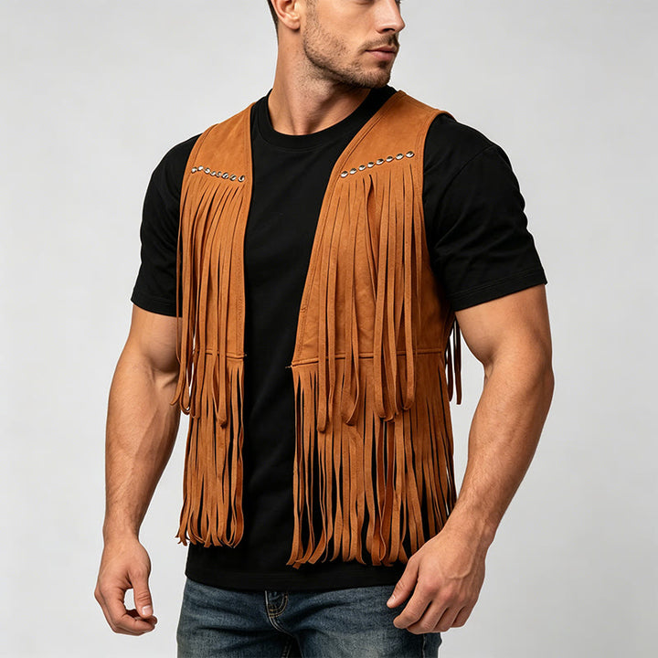 Gilet homme hippie à franges en faux daim clouté - image 2