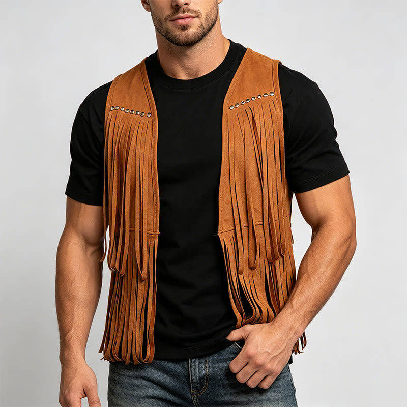 Gilet homme hippie à franges en faux daim clouté - image 1