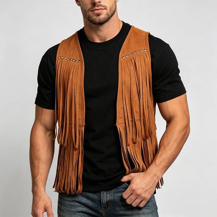 Gilet homme hippie à franges en faux daim clouté - image 1