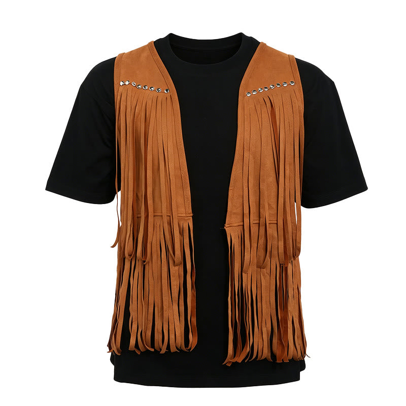 Gilet homme hippie à franges en faux daim clouté - image 8
