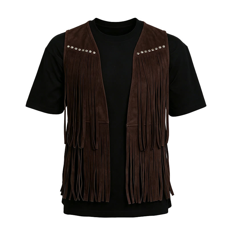 Gilet homme hippie à franges en faux daim clouté - image 12