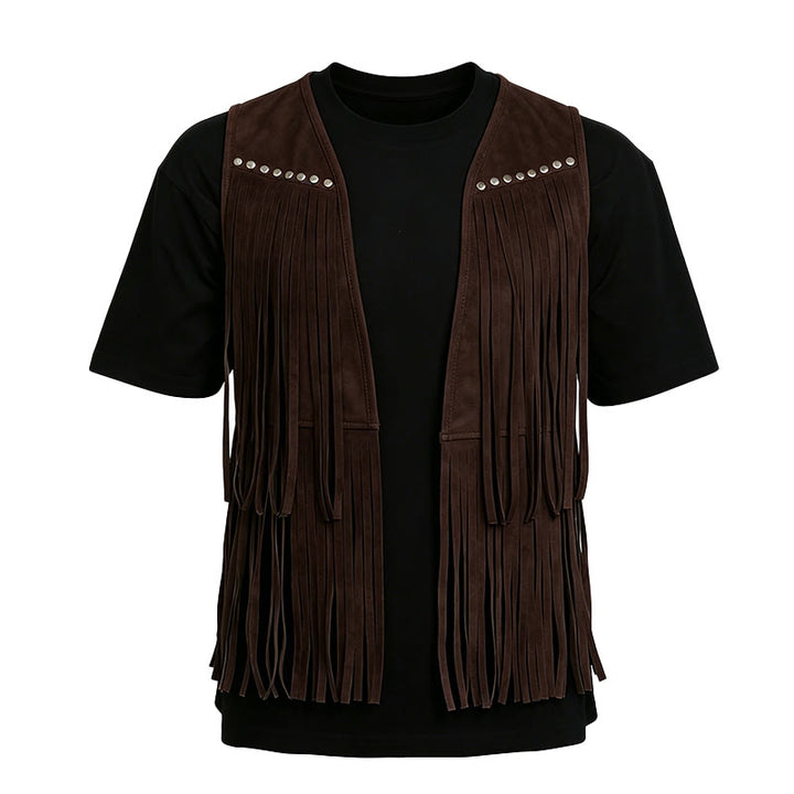 Gilet homme hippie à franges en faux daim clouté - image 12
