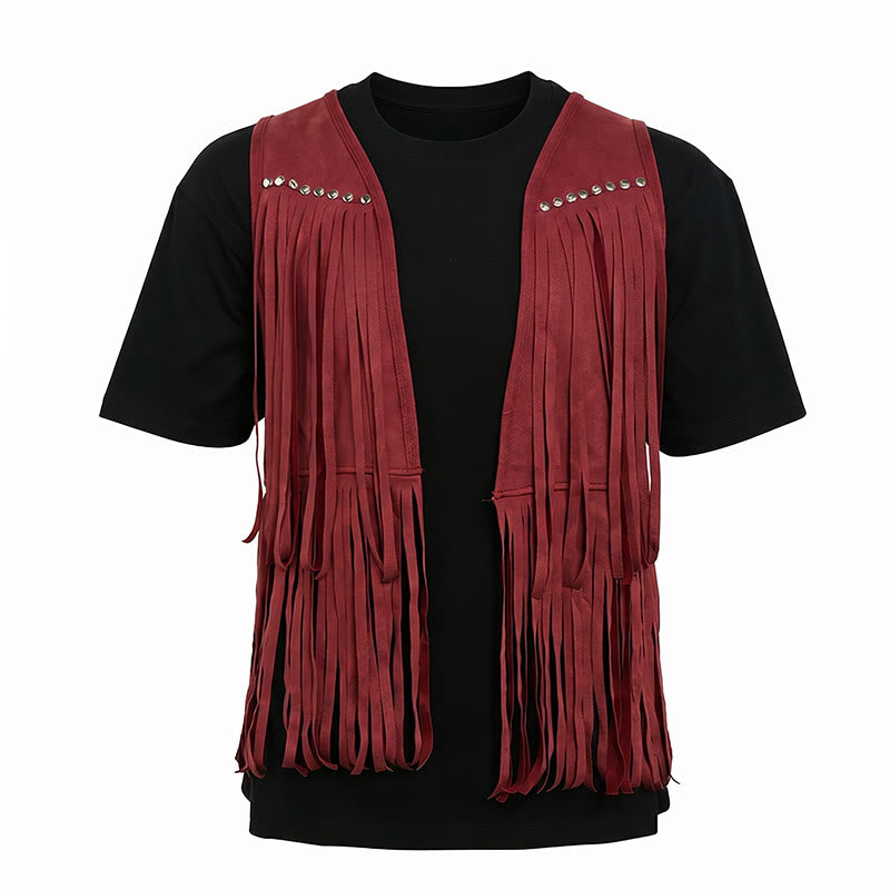 Gilet homme hippie à franges en faux daim clouté - image 11