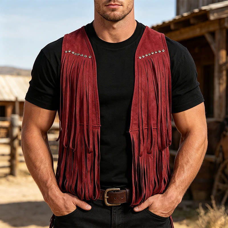 Gilet homme hippie à franges en faux daim clouté - Rouge - 2XL - image 6