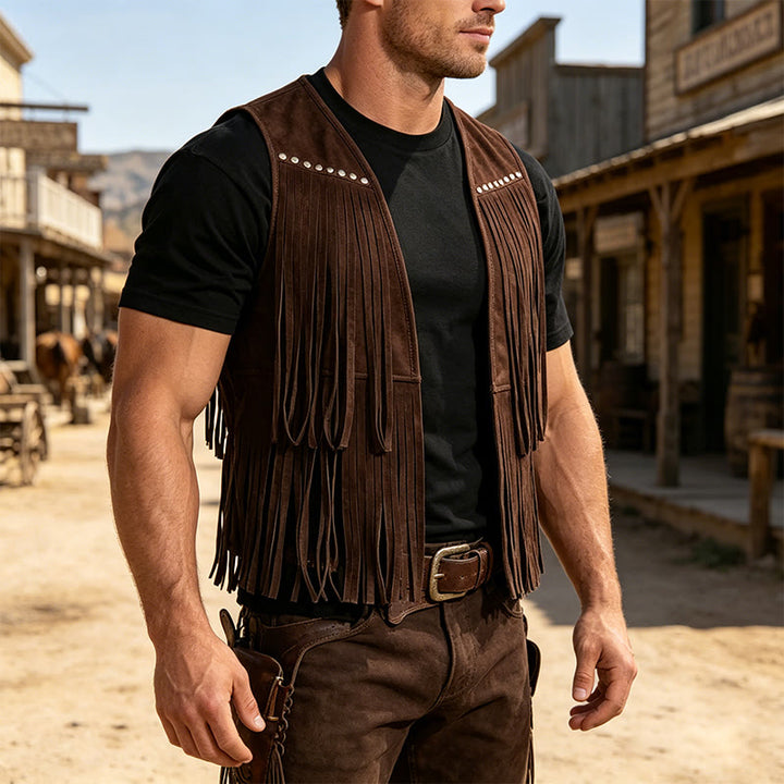 Gilet homme hippie à franges en faux daim clouté - Brun foncé - 2XL - image 7