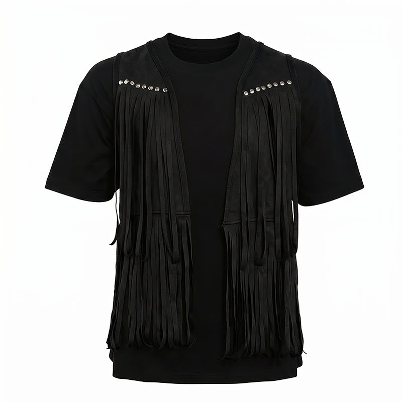 Gilet homme hippie à franges en faux daim clouté - image 9