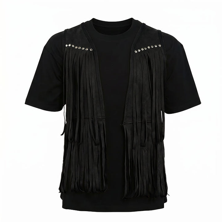Gilet homme hippie à franges en faux daim clouté - image 9