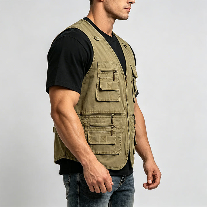 Gilet d'extérieur pour homme en toile lavée avec plusieurs poches zippées - image 2