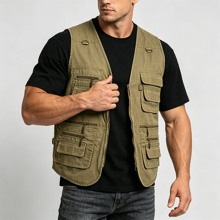 Gilet d'extérieur pour homme en toile lavée avec plusieurs poches zippées - image 1