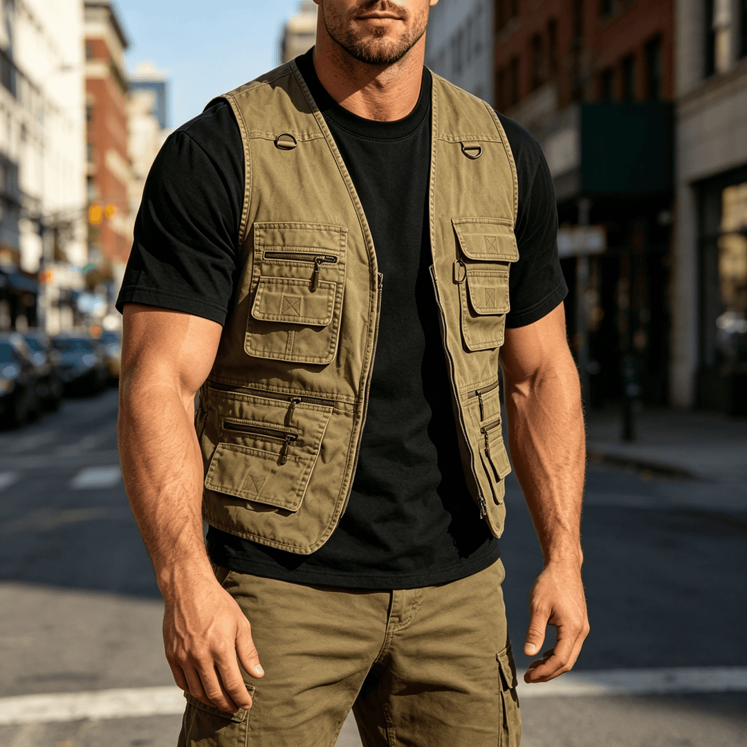 Gilet d'extérieur pour homme en toile lavée avec plusieurs poches zippées - Kaki - 7XL - image 0