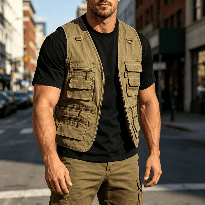 Gilet d'extérieur pour homme en toile lavée avec plusieurs poches zippées - Kaki - 7XL - image 0