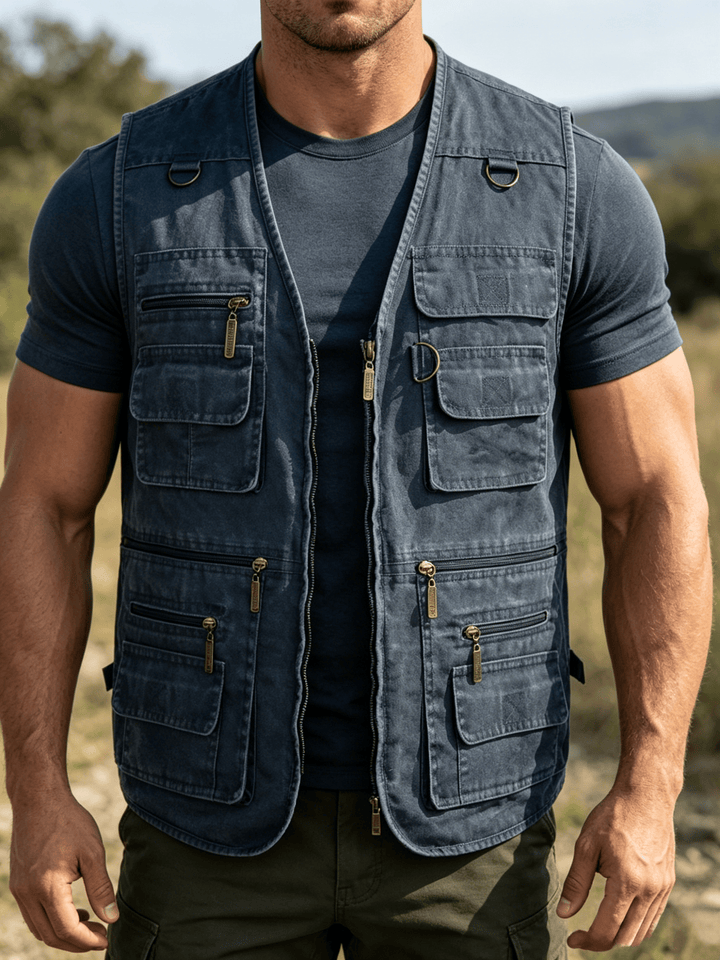 Gilet d'extérieur pour homme en toile lavée avec plusieurs poches zippées - Bleu foncé - 7XL - image 6