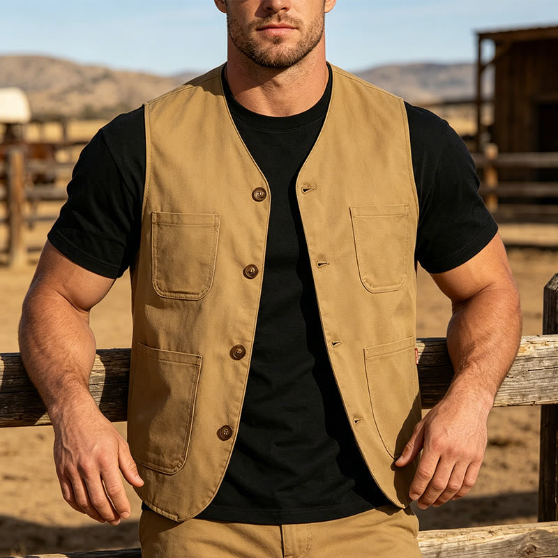 Gilet de travail léger à boutons pour homme, idéal pour l'extérieur - Beige - 2XL - image 0