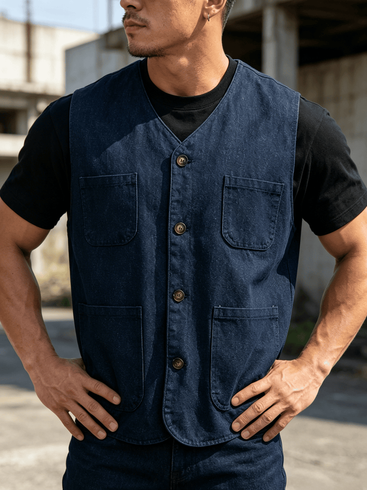 Gilet de travail léger à boutons pour homme, idéal pour l'extérieur - Bleu - 2XL - image 4