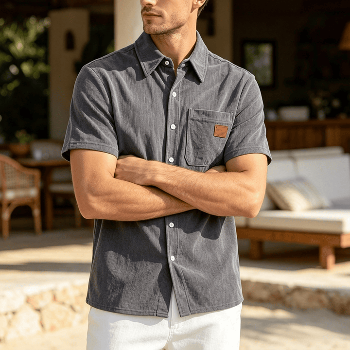 Chemise de travail rétro pour homme en velours côtelé avec poche étiquette en cuir - Gris - 4XL - image 0