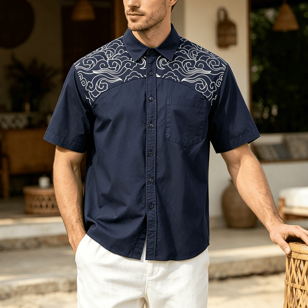 Chemise à manches courtes brodée de nuages ​​streetwear - Marine - 4XL - image 0