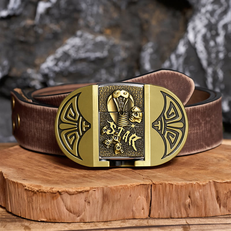 Ceinture en cuir pour homme, motif crâne de cobra gothique à monter soi-même, avec briquet dissimulé - Bronze - Ceinture marron vieillie - 42 - image 5