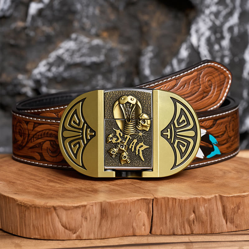 Ceinture en cuir pour homme, motif crâne de cobra gothique à monter soi-même, avec briquet dissimulé - Bronze - Ceinture de plumes brunes - 40 - image 6