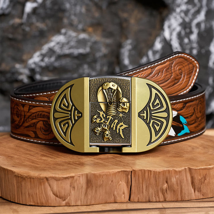Ceinture en cuir pour homme, motif crâne de cobra gothique à monter soi-même, avec briquet dissimulé - Bronze - Ceinture de plumes brunes - 40 - image 6