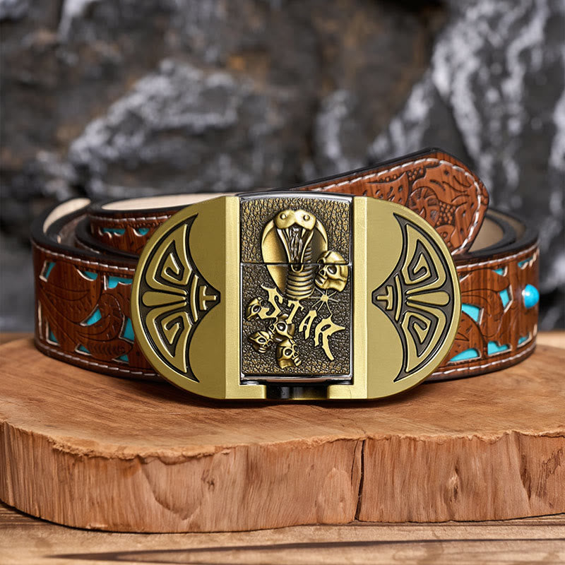 Ceinture en cuir pour homme, motif crâne de cobra gothique à monter soi-même, avec briquet dissimulé - Bronze - Ceinture turquoise sculptée - 42 - image 3