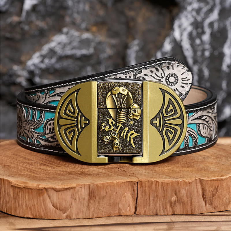 Ceinture en cuir pour homme, motif crâne de cobra gothique à monter soi-même, avec briquet dissimulé - Bronze - Ceinture à fleurs grises - 42 - image 7
