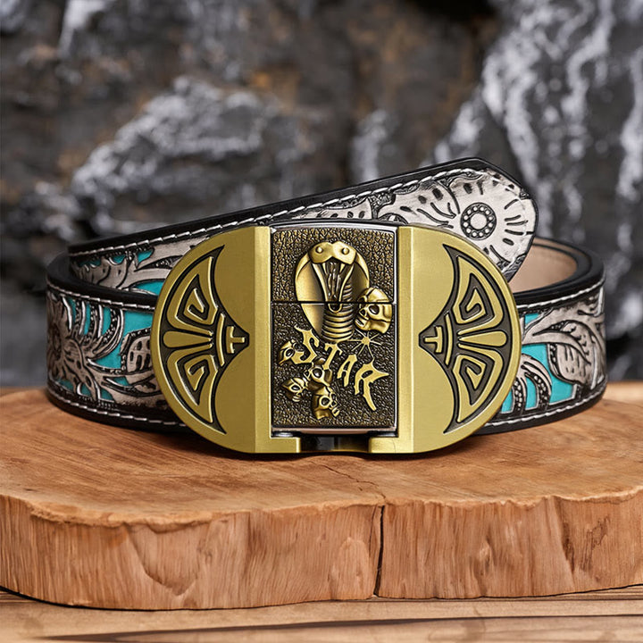 Ceinture en cuir pour homme, motif crâne de cobra gothique à monter soi-même, avec briquet dissimulé - Bronze - Ceinture à fleurs grises - 42 - image 7