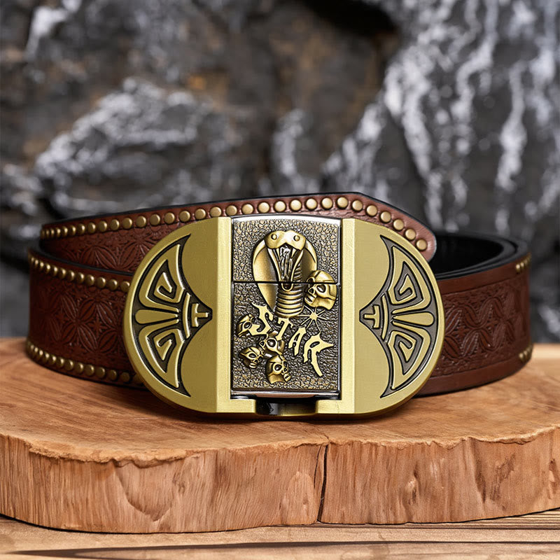 Ceinture en cuir pour homme, motif crâne de cobra gothique à monter soi-même, avec briquet dissimulé - Bronze - Ceinture à rivets marron - 42 - image 4