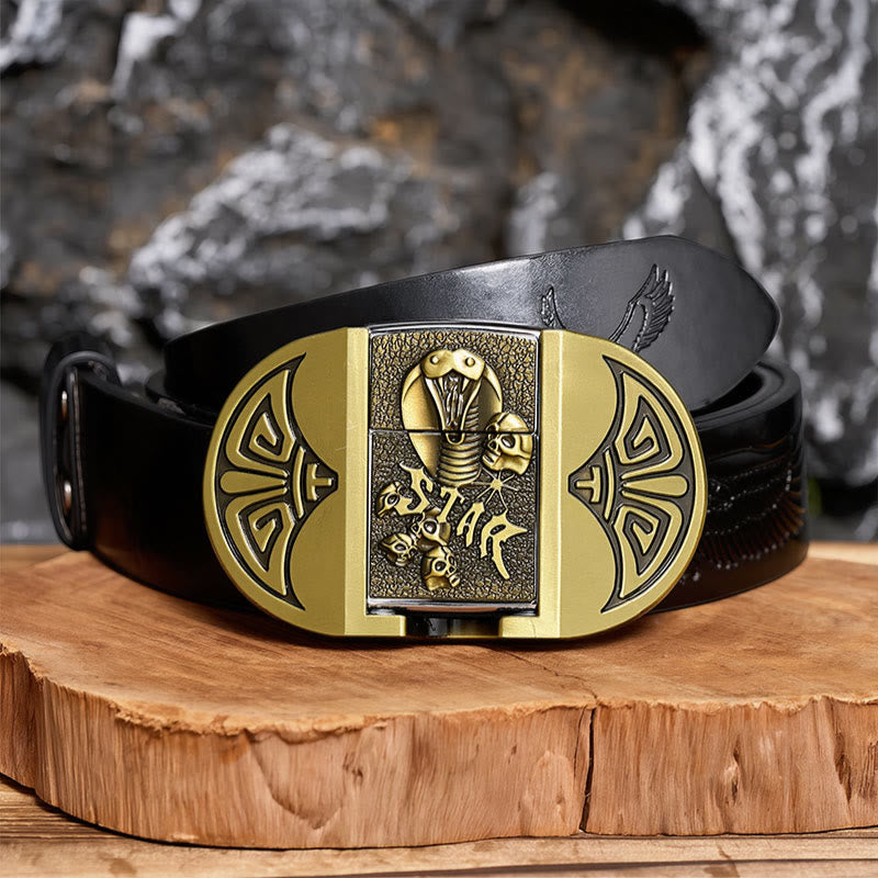 Ceinture en cuir pour homme, motif crâne de cobra gothique à monter soi-même, avec briquet dissimulé - Bronze - Ceinture noire à motif aigle en relief - 42 - image 2