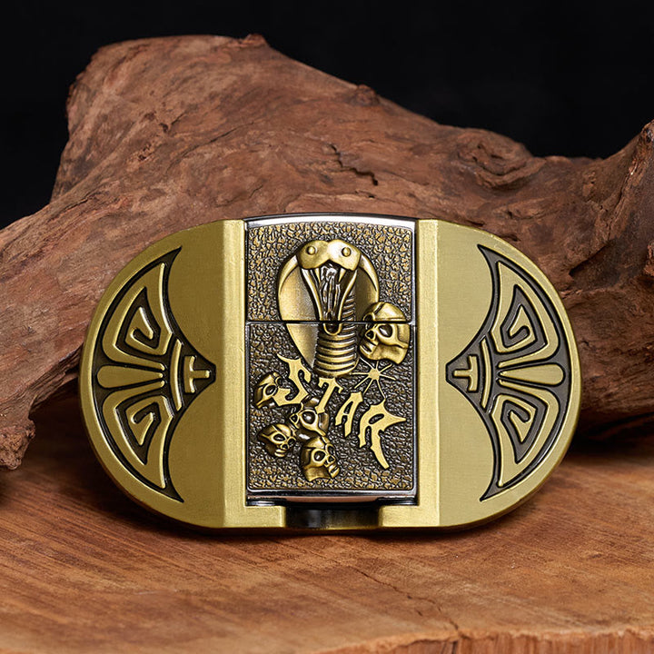 Ceinture en cuir pour homme, motif crâne de cobra gothique à monter soi-même, avec briquet dissimulé - Bronze - Sans ceinture - Ceinture non incluse - image 0