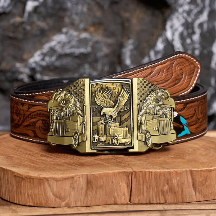 Ceinture en cuir pour homme, motif aigle américain et camion, avec briquet dissimulé (à monter soi-même) - Bronze - Ceinture de plumes brunes - 40 - image 6