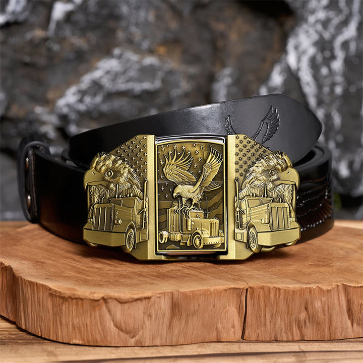Ceinture en cuir pour homme, motif aigle américain et camion, avec briquet dissimulé (à monter soi-même) - Bronze - Ceinture noire à motif aigle en relief - 42 - image 2