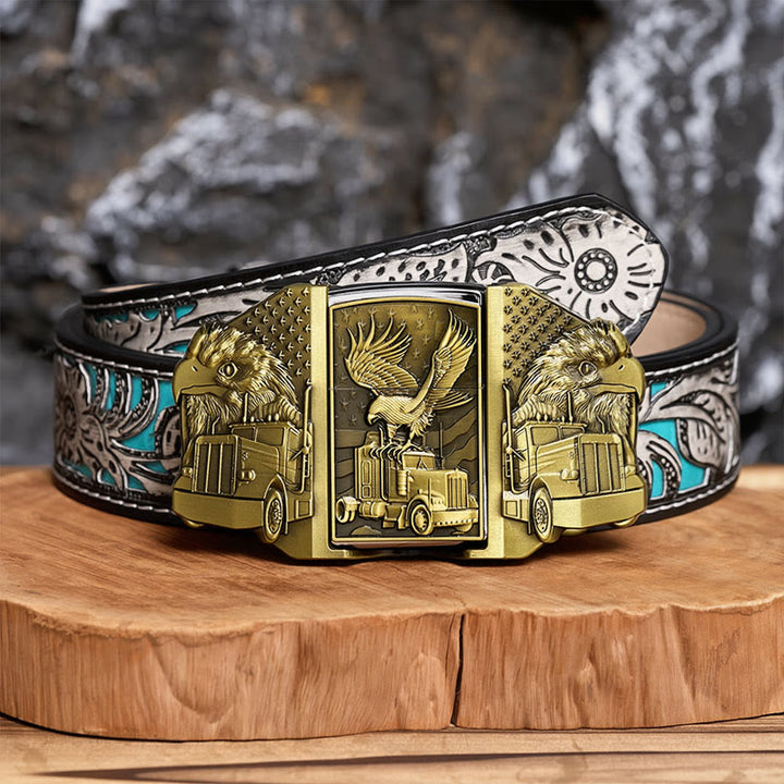 Ceinture en cuir pour homme, motif aigle américain et camion, avec briquet dissimulé (à monter soi-même) - Bronze - Ceinture à fleurs grises - 42 - image 7