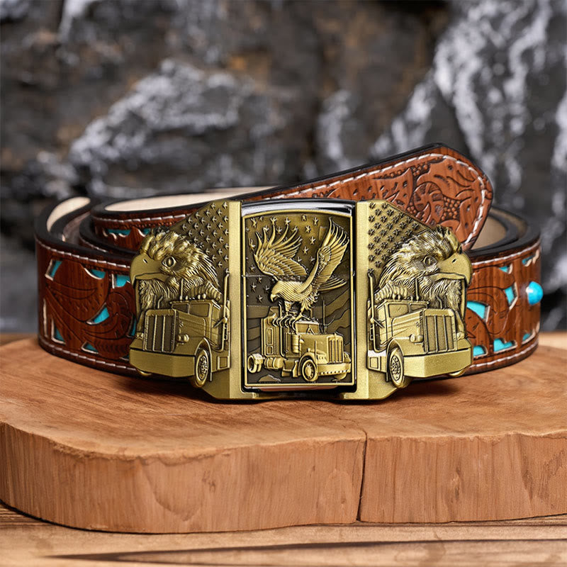 Ceinture en cuir pour homme, motif aigle américain et camion, avec briquet dissimulé (à monter soi-même) - Bronze - Ceinture turquoise sculptée - 42 - image 3