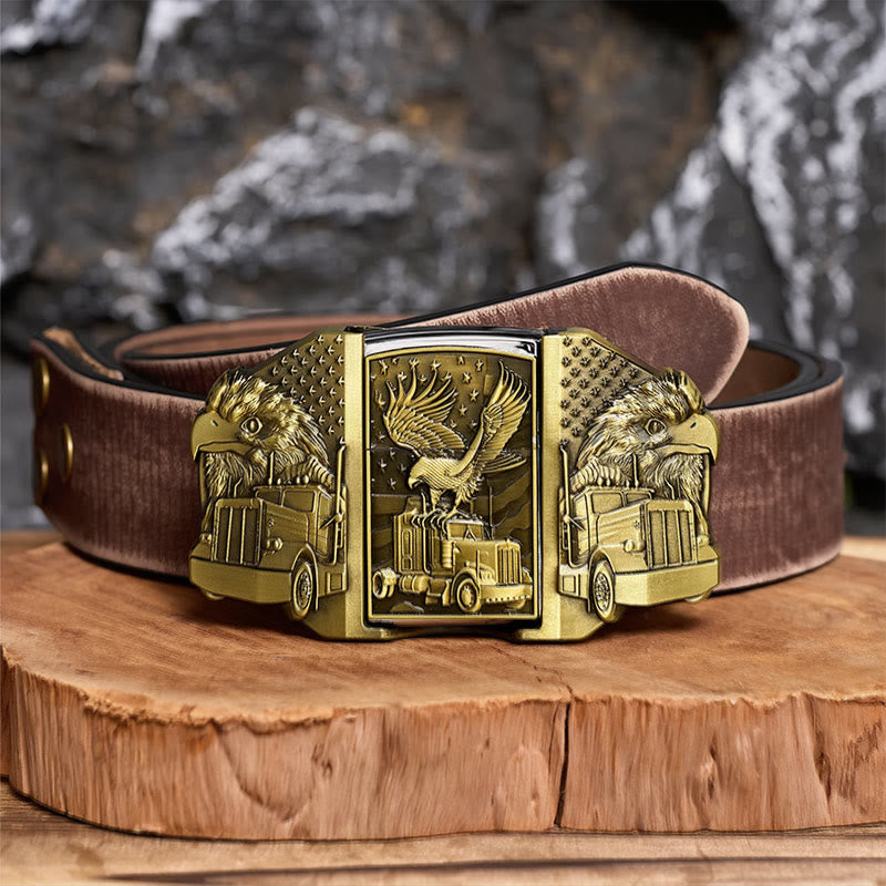 Ceinture en cuir pour homme, motif aigle américain et camion, avec briquet dissimulé (à monter soi-même) - Bronze - Ceinture marron vieillie - 42 - image 5