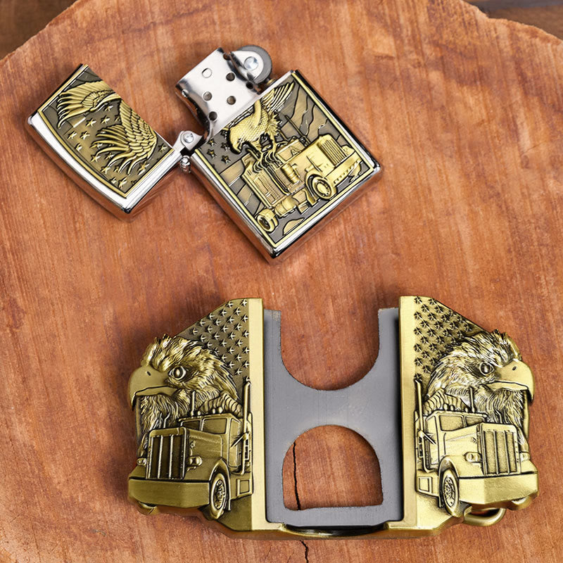 Ceinture en cuir pour homme, motif aigle américain et camion, avec briquet dissimulé (à monter soi-même) - image 1