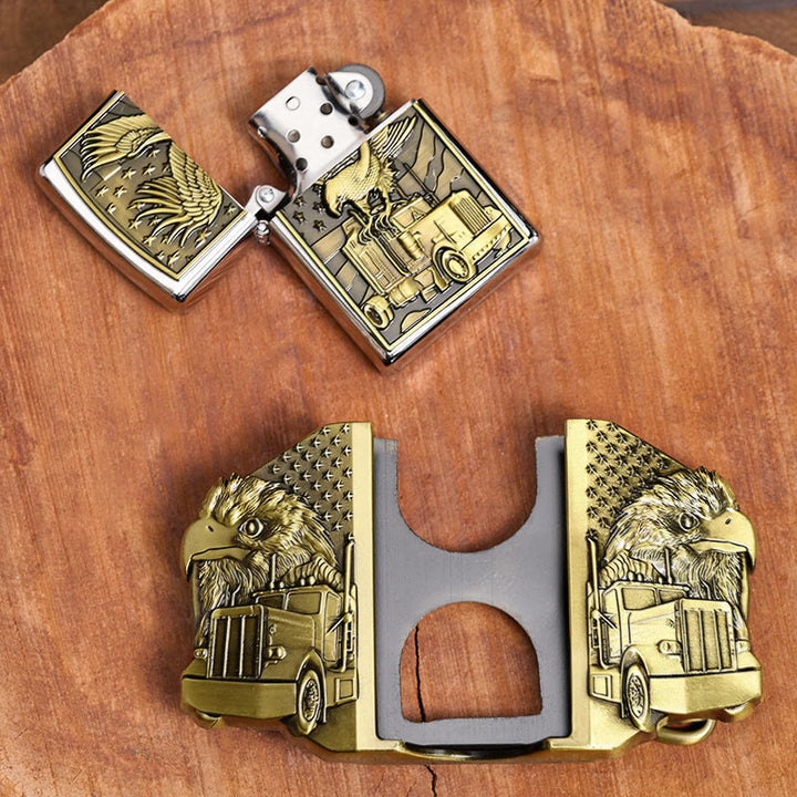 Ceinture en cuir pour homme, motif aigle américain et camion, avec briquet dissimulé (à monter soi-même) - image 1