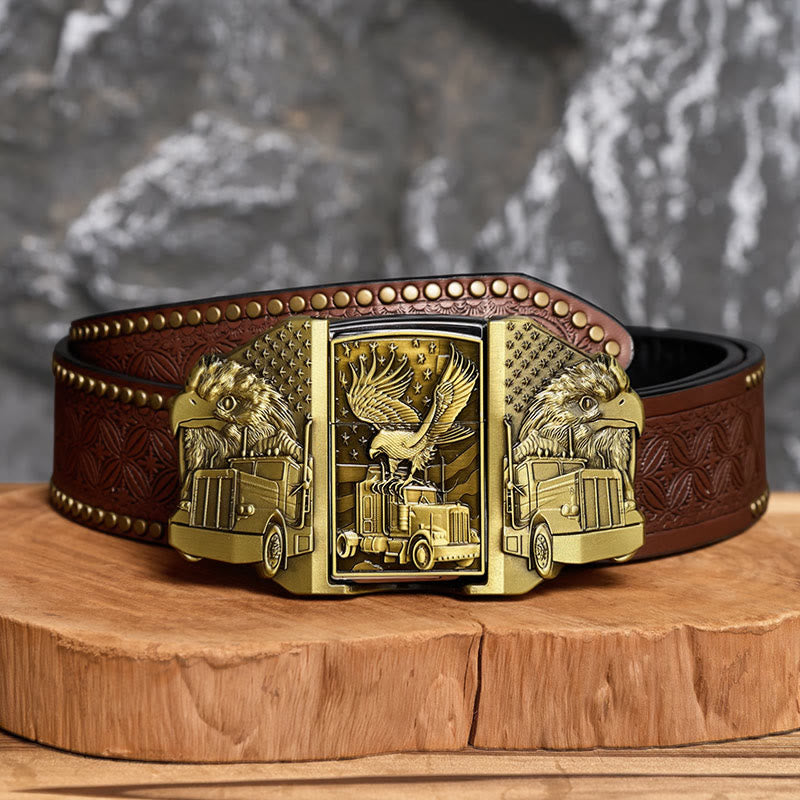 Ceinture en cuir pour homme, motif aigle américain et camion, avec briquet dissimulé (à monter soi-même) - Bronze - Ceinture à rivets marron - 42 - image 4