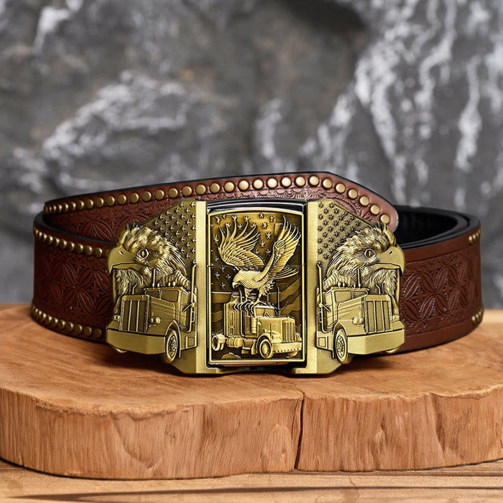 Ceinture en cuir pour homme, motif aigle américain et camion, avec briquet dissimulé (à monter soi-même) - Bronze - Ceinture à rivets marron - 42 - image 4